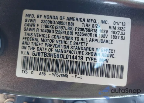 2013 Acura Rdx из США, поврежденный, VIN 5J8TB3H58DL014419